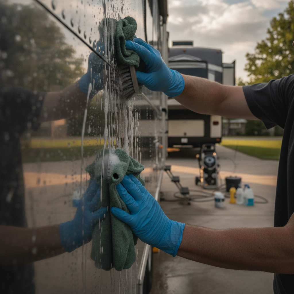 Travel Trailer Detailing no peoples faces just hands